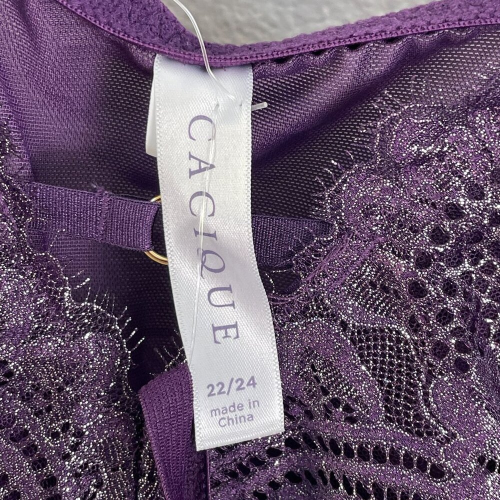 NEW Cacique Womens Plus 22/24 Purple Metallic Sheer Lace Babydoll Lingerie Set - Picture 4 of 14